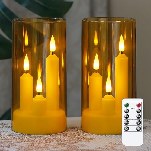 Zevanor 3 en 1 Velas a punta sin llama con Mando a distancia de 10 teclas y Temporizador Operadas por batería Paquete de 2 Velas LED de acrílico 7,5 cm x 15 cm Oro Columna Luz cálida parpadeante