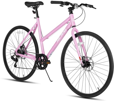HILAND 700C Road Hybrid Bike, 7 speeds Bikes Urban City Commuter Bicycle with Disc Brake for Men Women Adult Comfortable Bicycle Pink