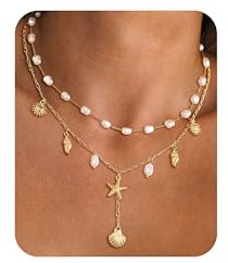 JALZEMPL Shell Charm Necklace For Women Stack Seashell Pearl Dainty Starfish Beach Layered 14k Gold Plated Pendant Summer Boho Jewelry Gifts (Style A)