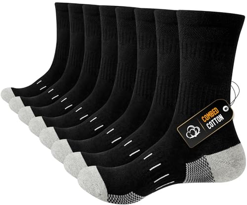 Niorasen Mens Socks, Combed Cotton Mens Work Socks with Reinforced Toes & Heel,4 Pairs Crew Athletic Sports Sock for Outdoor Running Walking Hiking Cycling, Black, 6-8