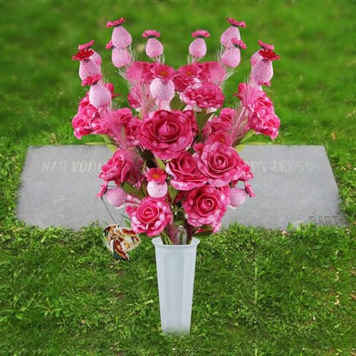 CUQRY Red Cemetery Flowers for Grave - Artificial Rose Memorial Flowers with Cemetery Vase - Prayer & Trumpet Angel Pendant for Outdoor Gravesite Decoration