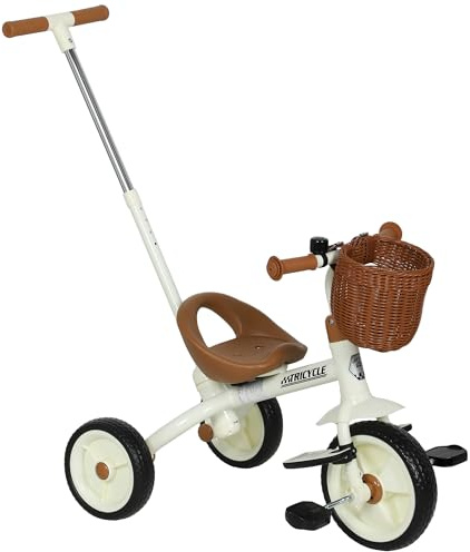 AIYAPLAY 2-In-1 Kids Trike, Toddler Tricycle for 2-5 Years Old with Adjustable Parent Handle, Pedals, Footrests, Storage Basket, 3 Wheel Bike for Boys and Girls, White