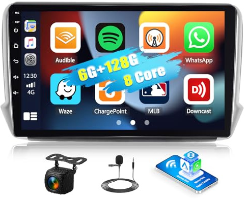 Android 15, 6G+128G 8Core GOHHDL Autoradio 2 Din pour Peugeot 208 2008 2012-2018 avec sans Fil Carplay Android Auto, 10.1 Pouces Autoradio avec GPS Navi WiFi BT FM/RDS DSP SWC + Caméra de recul + MIC