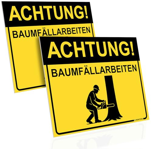 PRINTIMA 2x Schild ACHTUNG! BAUMFÄLLARBEITEN 40x30 cm PVC Warnschild wetterfest für innen und außen inkl. Montageset Hinweisschild Motorsäge Forstarbeiten Waldarbeiten Sicherheit