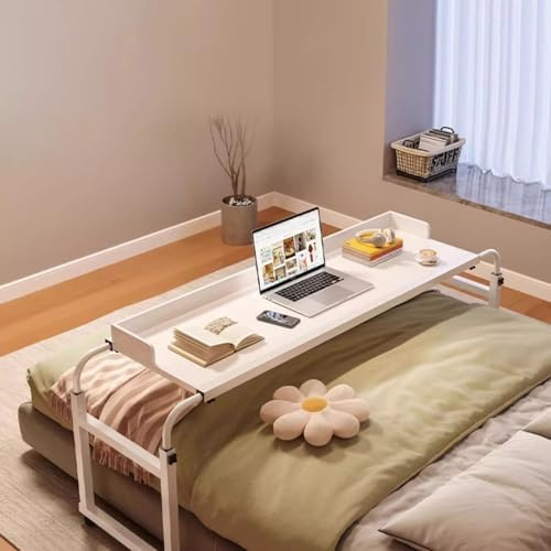 Table de lit avec roulettes, Extensible de 140 à 210 cm, Mobile, Chariot pour Ordinateur Portable, Peut être surélevé de 65 à 95 cm, Table d'ordinateur roulante au-Dessus du lit,N(Color:Blanc)