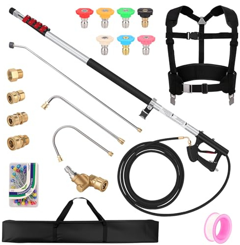 FIDISP 24 FT Telescoping Pressure Washer Wand, Gutter Cleaning Tool with Power Washer Extension Wand, Pivoting Coupling, 7 Nozzle Tips, 4 Adapters, Upgraded Support Belt for Gutter Window Wall Eaves