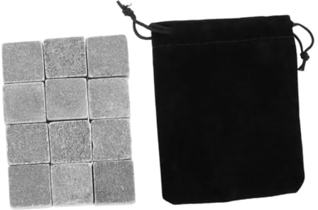 NAMOARLY 12 Pietre per Whisky Riutilizzabili in Marmo Grigio 2x2x2 Cm Sacchetto in Velluto Nero, Cubetti di Ghiaccio per Whisky e Vino a Raffreddamento Rapido, per Feste e Bar Domestici