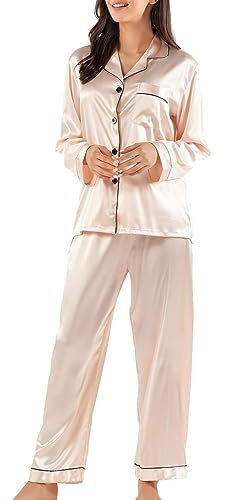 GAESHOW Schlafanzug Damen Satin Langarm Pyjama Set, Zweiteiliger Nachtwäsche Hausanzug mit Knopfleiste, Seide Loungewear Damen Set für Alle Jahreszeiten, S-XXL