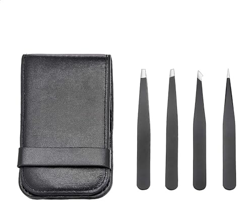 Amazon Basics Pinzetten-Set, professionell, Edelstahl, für Gesichtshaar, Wimpern, Augenbrauen, eingewachsene Haare, mit Reiseetui, schwarz, 4Stück
