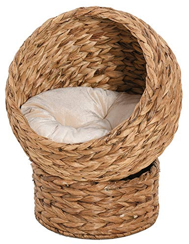 PawHut Woven Banana Leaf Elevated Cat Bed Wicker Kitten Basket Pet Den, House Cosy Cave with Soft Cushion Dome 50x42x60cm Brown