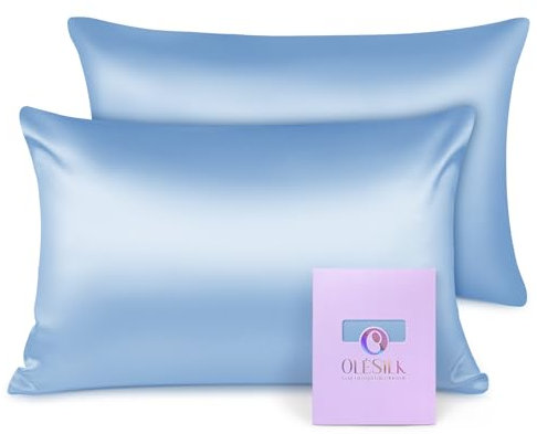 OLESILK Seide Kissenbezug Kissenhülle Haar- und Hautpflege mit Reißverschluss 16 Momme 2 Stücke Hellblau 40x60cm