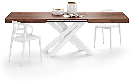 MOBILI FIVER, Table Extensible Emma 160(240) x90 cm, Noyer avec Pieds Croisés Blancs, pour 6-10 Personnes, Table Extensible pour Cuisine, Salon, Made in Italy