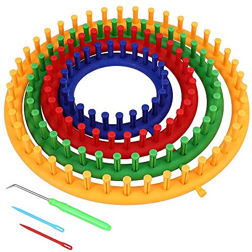 BAKAJI Set Telaio a Maglia Uncinetti Circolari Kit 4 Telai in Plastica Varie Misure con Accessori Ferri e Ago Unicnetto per Cappelli Sciarpe e Guanti (Rotondi)