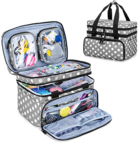 BAFASO Double Layer Sewing Accessories Organiser with 2 Detachable Pouches, Large Sewing Storage Bag for Sewing Tools, Polka Dots