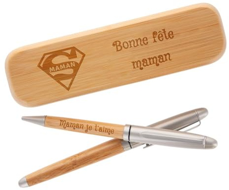 Ocadeau Coffret 2 stylos en bois personnalisé gravé – Gravure texte sur le coffret -Stylo bille et stylo roller