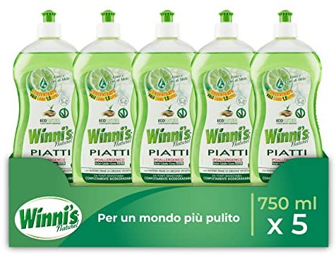Winni's - Detersivo Piatti e Stoviglie a Mano in Ecoformato, Ipoallergenico, Formula Concentrata, Fragranza Lime e Fiori di Mela, Materie Prime di Origine Vegetale, 750 ml x 5 Confezioni