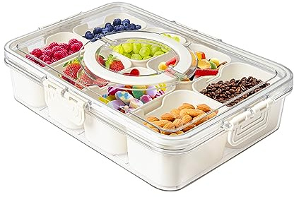 MineSign Divided Snackle Box with Handle Food Serving Tray Charcuterie Board with Lid Stackable Fruit&Veggie Container with 8 Small with Removable Boxes for Travel Snack Candy Nuts Spice