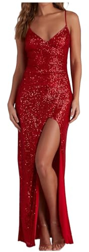 VPQILH Abiti Lunghi da Donna con Scollo a V e Spacco in Paillettes, Elegante Lungo, Scollo a V, Festa, Senza Maniche