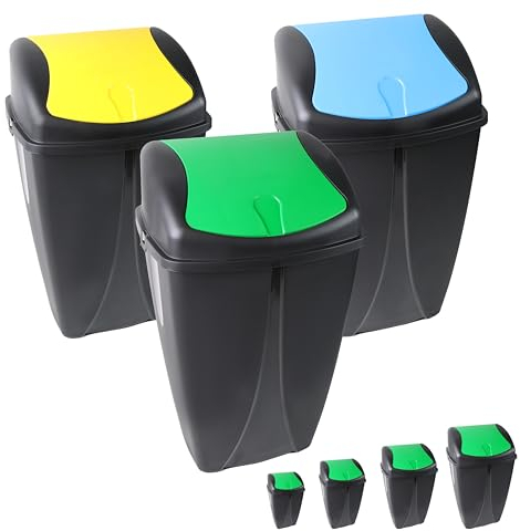 DIVCHI Plastic Flip Top Waste Bin - Removable Swing Lid Garbage Rubbish Kitchen Dustbins | Recycle Recycling Trash Can | Refused Bins For Home Bathroom Office Set Of 3 (Small, 25L)