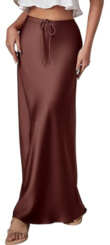 Dam satinkjol silkeslen enfärgad kjol hög midja maxikjol lång formell satinkjol elegant kjol A linje långa kjolar, Brun, L