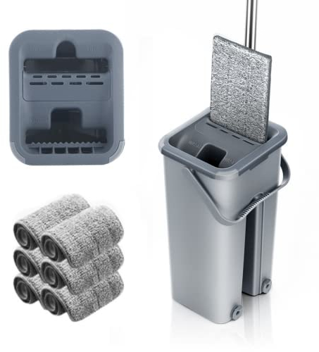 Mopa para Limpiar Azulejos Paredes Suelos Mopa Fregona con Cubo Escurridor Fregona Plana Cubo Mopa 2 Almohadillas Autoescurrible Parquet Madera Ventanas Mop Bucket Trapeadora (Gris)