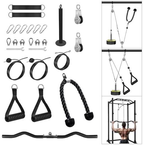 FASPUP Cable Pulley System Home Gym, Black Steel Cable Crossover Attachments for LAT Pull Down, Arm Workout