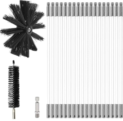 MOCNT Kit di Pennello per Pulizia del Camino Spazzole per Camini Nylon Rotante Flessibile Spazzola Pulizia con 18 Aste Flessibili 1 Testa Pennello 200mm 1 Testa Pennello 38mm
