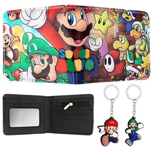 Cartoon Geldbörse mit Schlüsselanhänger Kinder, Super Bro Portemonnaie Anime Brieftasche Kids, Cartoon Geldbeutel altbare Geldtasche Slim Portemonnaie, Geburtstagsgeschenk für Jungen Teenager Mädchen