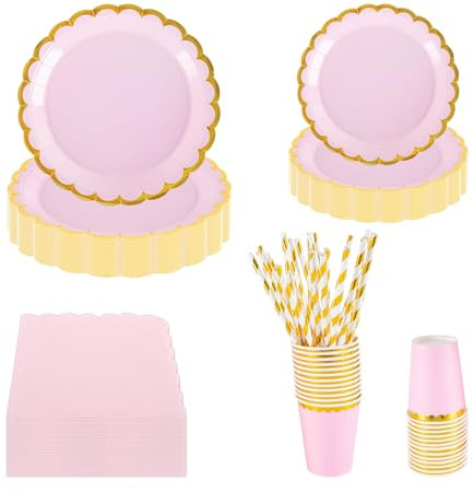 PHUNAT 25-Guests Pink Party Tableware Set - 125PCS Foil Gold Flower Shaped Paper Plates, Cups, Napkins & Straws - Pink Party Supplies for Birthday, Picnic, Wedding, Baby Shower
