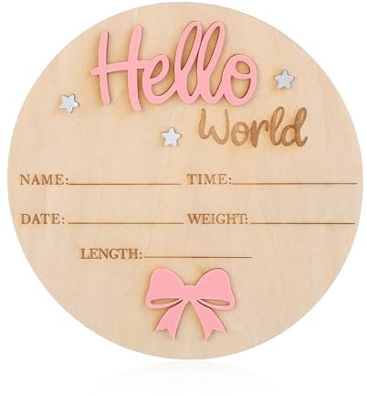 Nogeqi Rosa Meilensteinkarten Baby Holz Schild Personalisiert Baby Hallo Welt Ankündigungsschilder Hello World Willkommensschild für Neugeborene Rund Holz Geburtsanzeige für Schwangere Werdende Eltern