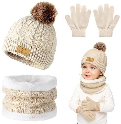 Winmany 3PCS Enfants Chapeaux D’hiver Gants Écharpe Ensemble Enfant Polaire Cou Cache-Bonnet Avec Pom Tricot Mitaines Ensemble pour Fille Garçon (Beige)