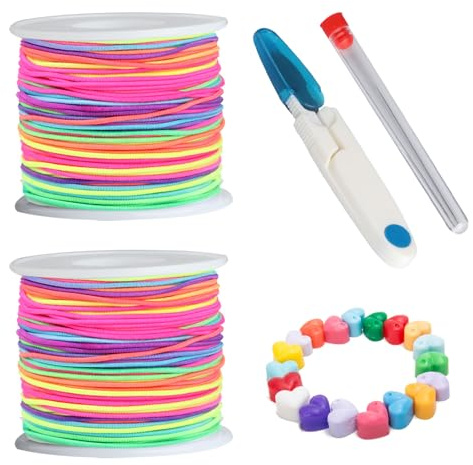 2 Rolls Stretchy Elastic Cord, 1mm x 50m Coloured Bracelet Elastic String for Bracelets Necklace Jewelry Making, Bracelet Making String for Beading Knotting Wrapping and DIY Arts Crafts (Rainbow)