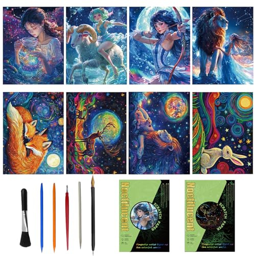 Zyluniy Scratch Art Kit per Bambini Adulto, 8PCS Scratch Paper, Pittura Arcobaleno Vista Notturna Art & Craft, Carta da Grattare per Disegno Creativo per Natale regalo di compleanno