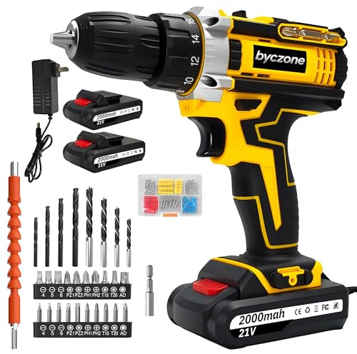 Cordless Drill Set 21V, 35N.m Combi Drill with 2×2000mAh Batteries & Charger, 18+1 Torque, 2 Speed, 3/8 Keyless Chuck, Electric Screwdriver Kit with LED Work Light for Home and DIY Projects