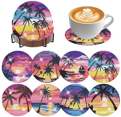 ijbnhd 8 Pcs Diamond Art Coasters Kits, Sunset Diamond Painting Coasters Kit with Holder, Diamonds Art Non Slip Coaster Crafts Kits for Adults Gifts 4x4 inch (Cork Wooden Pad)