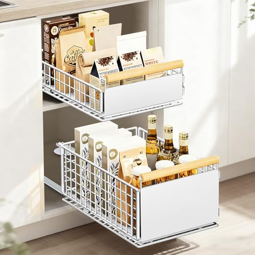EOJDDPA Ensemble de 2 tiroirs télescopiques pour cuisine, système de tiroirs avec coulisse complète, sans perçage, jusqu'à 25 kg, organisateur de tiroirs pour placards profonds, blanc, 39,5x23,5x19/11