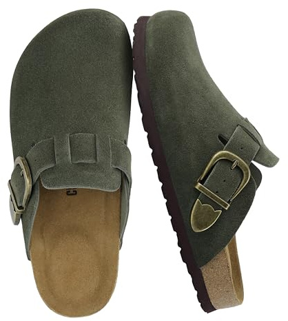 CUSHIONAIRE Hamlet Genuine Leather Suede Clogs for Women, Slip On Shoes with Detailed Metal Buckle Strap and Memory Foam Footbed, Khaki 10