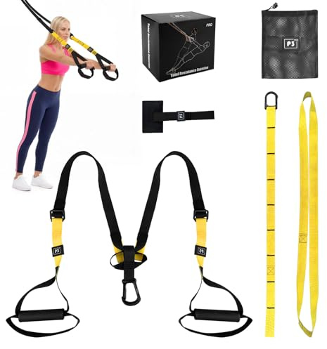 Amdoticknpf Sling Trainer, slingtränare för helkroppsträning, upphängningstränare med dörrankare justerbar fitness, för hemmaträning, styrketräning, utomhus och utomhus, svart och gul