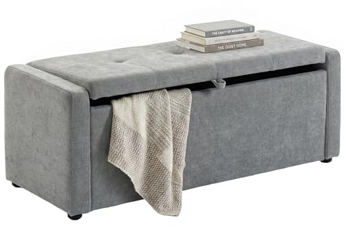 HOMCOM Cassapanca 142L Pouf Contenitore Poggiapiedi Grande 122x48x44cm, Seduta Imbottita 2 Posti, Panca Contenitore Effetto Lino, Struttura in Legno, 200 kg, Camera da Letto, Soggiorno