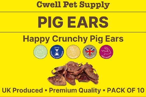 Cwell Pet Supply Natural Dried Pig Ears for Dogs, Grain Free, High Protein, 100% Pork Chews, Pack of 10