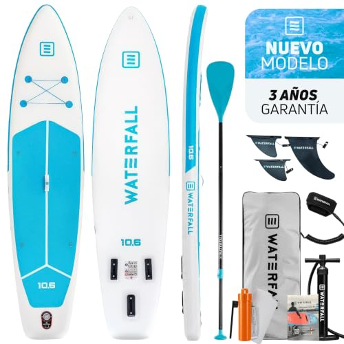 Waterfall Tabla Paddle Surf Hinchable Touring 10.6, Stand Up Paddle Board SUP Travesía Adultos, Jóvenes, Kit Accesorios, Remo, Mochila, Preinstalación Asiento Kayak, Estable, Ligera, Azul, 320x81x15cm
