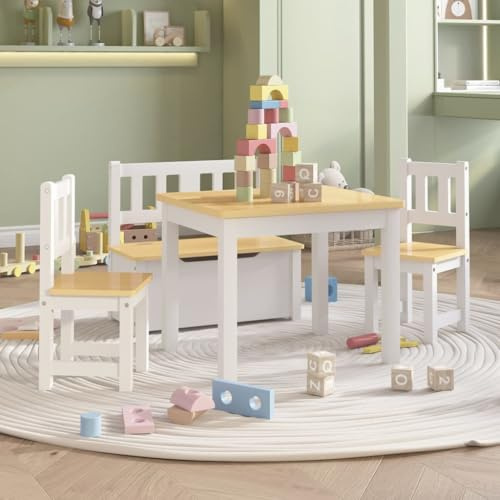 LoogCape Barnsittgrupp vit och beige av MDF med bord, 2 stolar och förvaringsbänk för barnrum, lekrum, barnhus, lämplig för småbarn, nyfödda, spädbarn och spädbarn