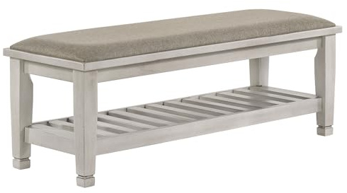 Coaster Home Furnishings - Franco - Upholstered Bench with Soft Seat Cushion, Beveled Edges, and Lower Storage Shelf - Farmhouse - Bedroom and Entryway - Distressed White - 205337