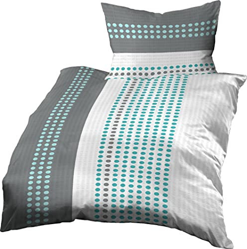 Gerald Wittmann Bettwäsche 140x200 cm + 70x90 cm, Baumwolle Seersucker, Gepunktet Streifen Grau Türkis Weiß