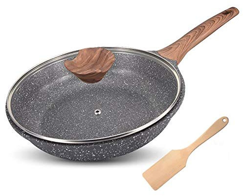 Frying pan Earth stone/granite, nonstick deep pan with glass lid and wooden shovel (Set of 3 piece) by Indoor Ultima Kitchen,26cm