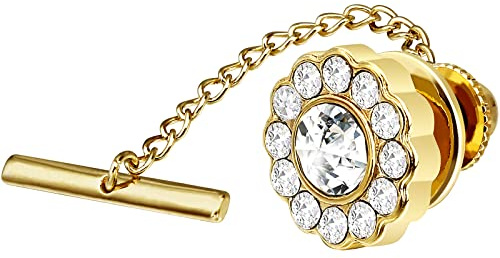 AMITER Mens Crystal Tie Tack with Chain Gold Tone Tie Pin for Men Unisex Adults in Wedding Birthday Anniversary Party