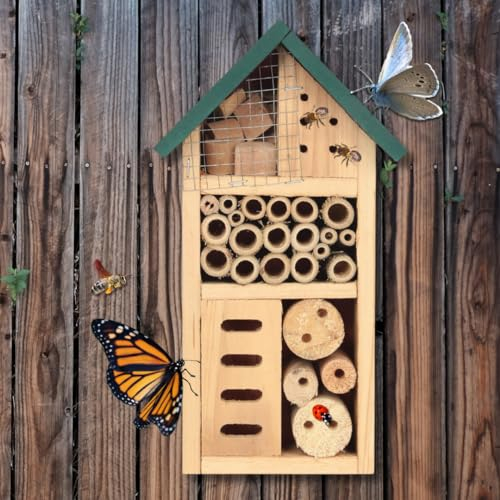 Garden Mile Wooden Insect Hotel Bug House for Garden Outdoor Free Standing Wall Mounted Natural Wood Durable Lighweight Weather Resistant Rot Resistant - Bees, Butterflies, Ladybirds, Insects Shelter