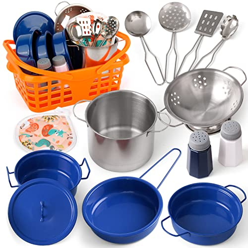 Veitch fairytales Kids Play Kitchen Toy Accessories Set Toddler Cooking Playset for Girls Boys Including Colorful Pots and Pans (Blue)