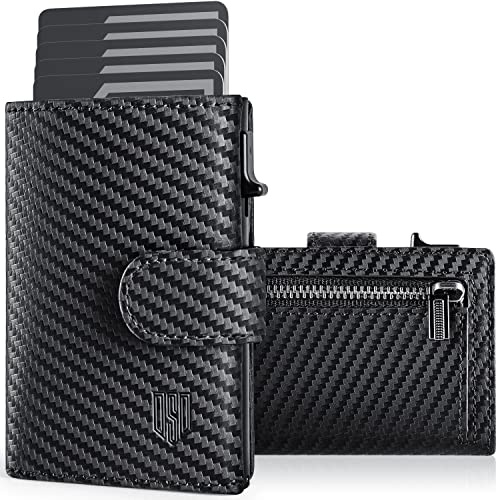 DODENSHA Card Holder Wallet, RFID Blocking Genuine Leather Pop Up Credit Card Wallet with Coin Pocket, ID Window, Banknote Compartment & Snap Closure