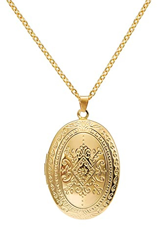 Vintage graverad blomma medaljong bild hänge halsband ovalt hjärta medaljong hålla foto bild hänge halsband minnessmycken-ovalt guld, Metall